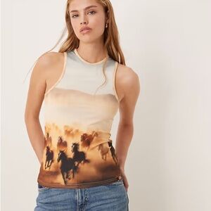 Dickies Women's Tank Top with Horse Design in Cream and Brown